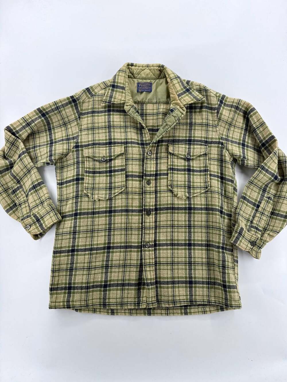 Vintage 60s 70s Pendleton Wool Shirt Jacket Green Plaid CPO USA Mens L